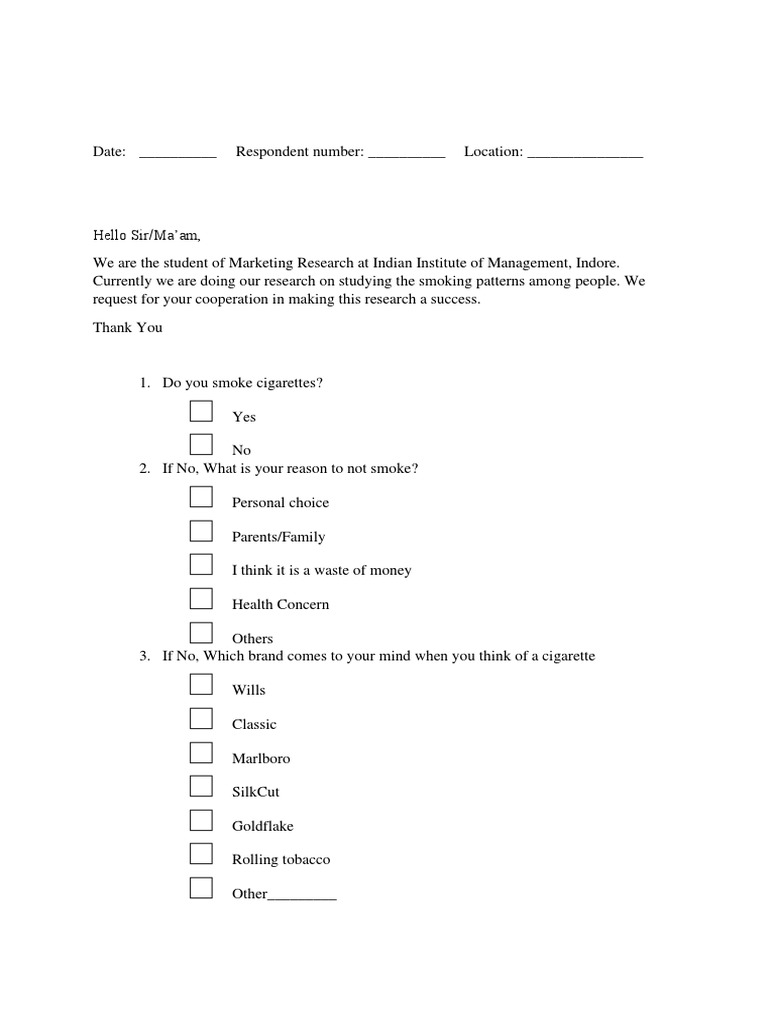 Smoking Questionnaire PDF Smoking Cigarette