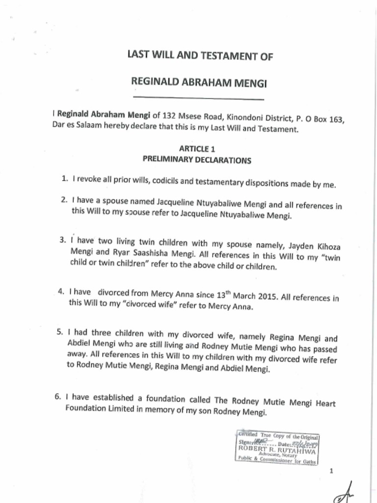 2144730 Unaodaiwa Kuwa Wosia Wa Mwisho Wa Reginald Mengi Pdf