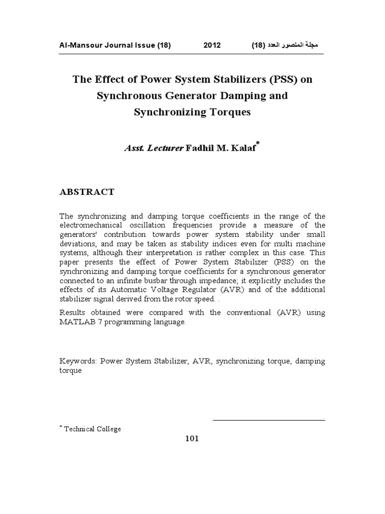The Effect of Power System Stabilizers (PSS) On Synchronous Generator