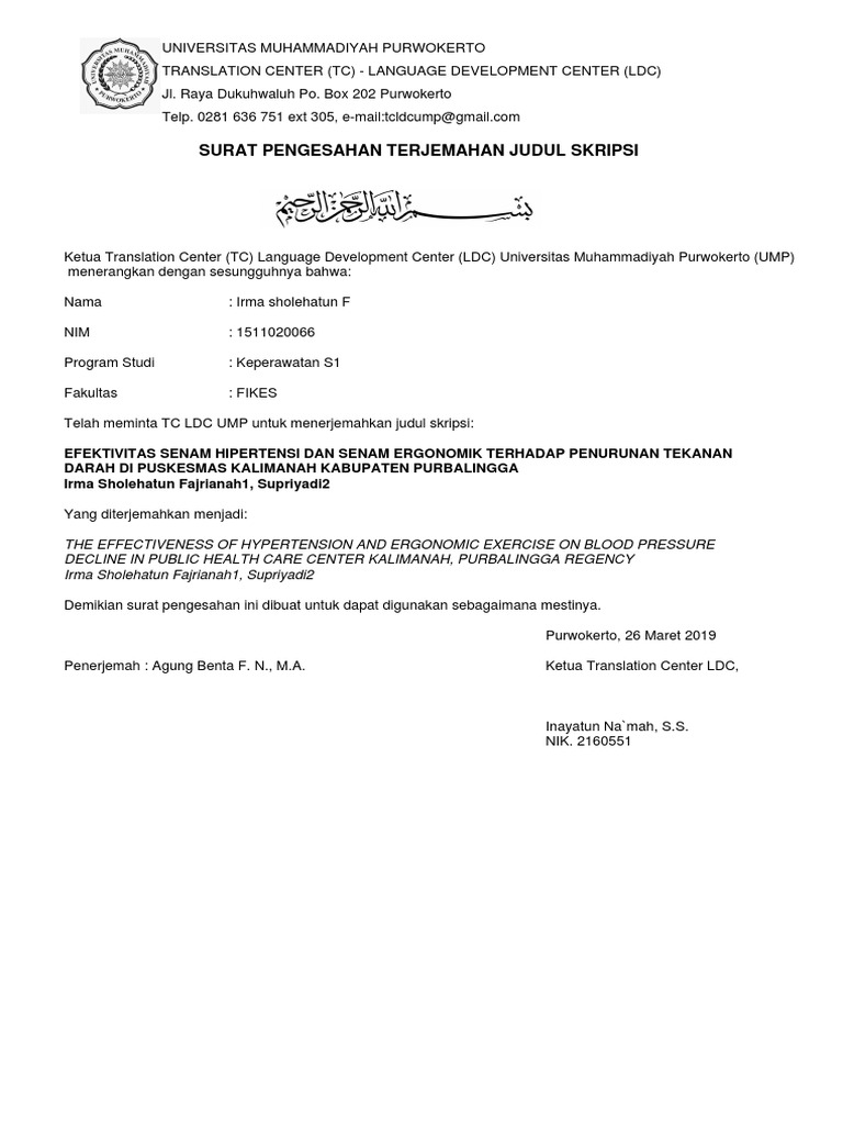 Surat Pengesahan Terjemahan Judul Skripsi Hypertension Blood Pressure