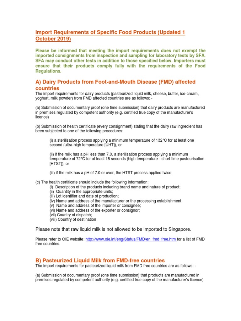 SG Food Import Requirements 1 Oct 2019 PDF Beef Nitrate