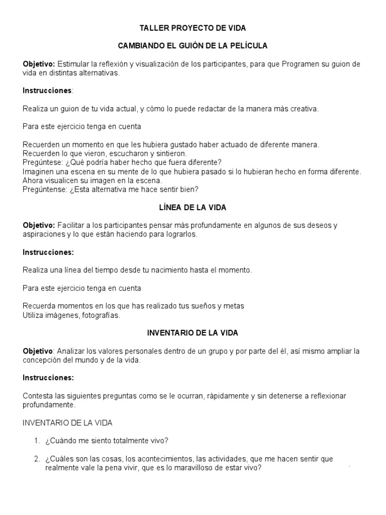Taller de Proyecto de Vida: Reflexión y Planificación | PDF | Vida ...