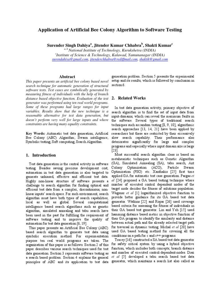 Application of Artificial Bee Colony Algorithm To Software Testing ...