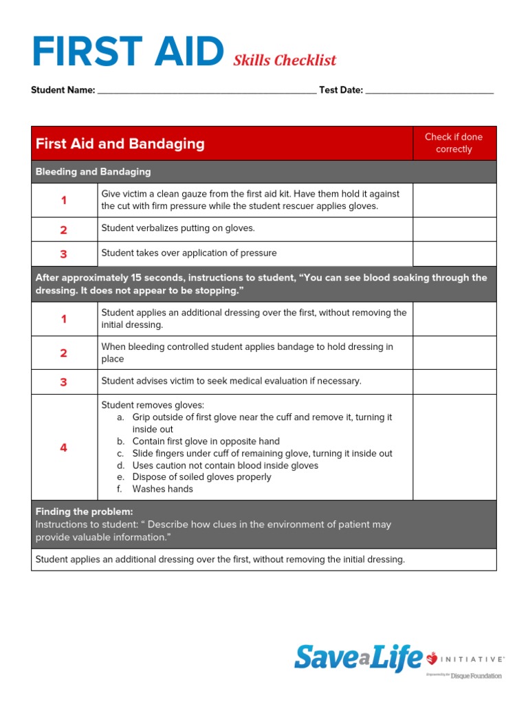 First Aid Skills Assessment Checklist | PDF | First Aid | Glove
