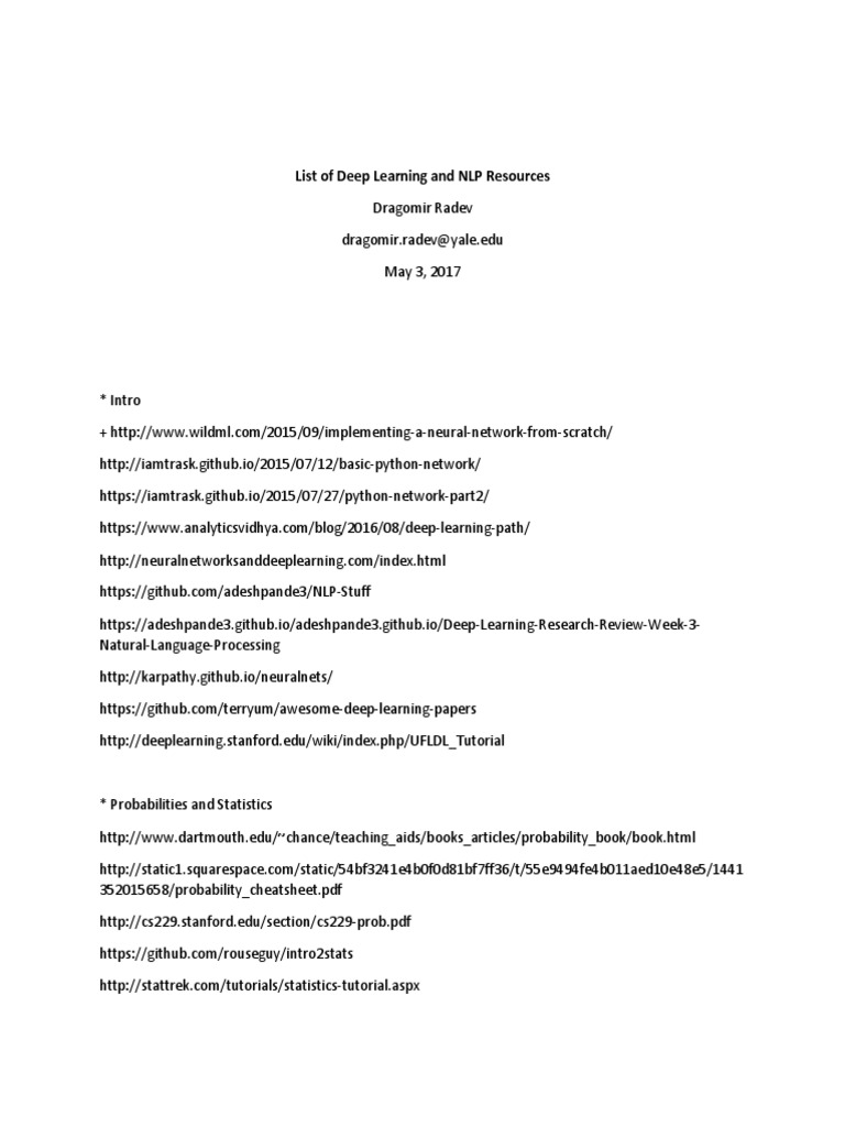 Deep Learning & NLP Resource List | PDF