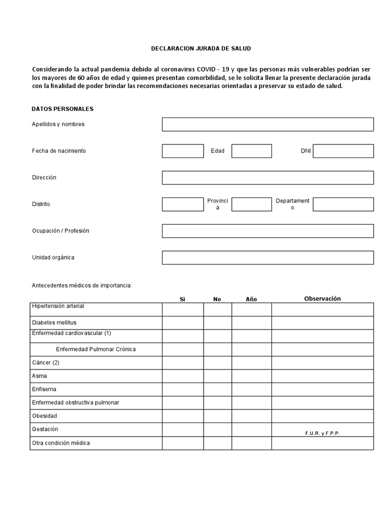 Declaracion Jurada de Salud | PDF | Rtt | Ciencias de la Salud
