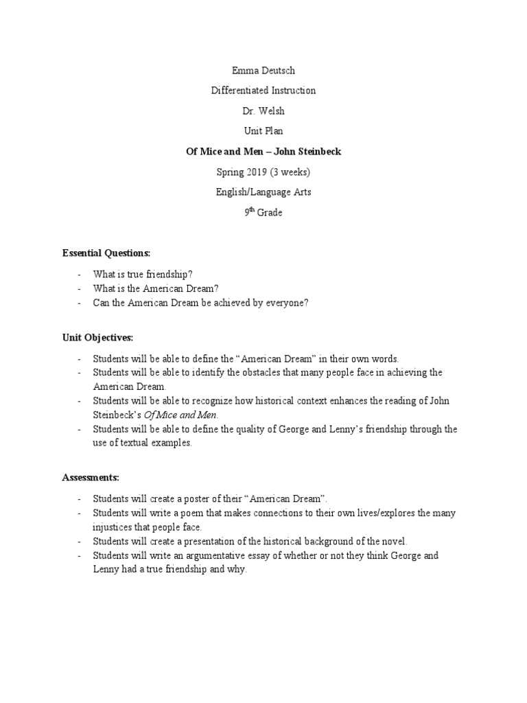 Of Mice and Men Unit Plan - Emma Deutsch | PDF | Reading Comprehension ...