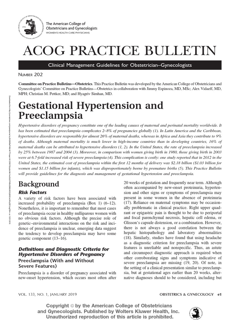 Gestational Hypertension and Pre Eclampsia ACOG 2019 PDF PDF Hypertension Blood Pressure
