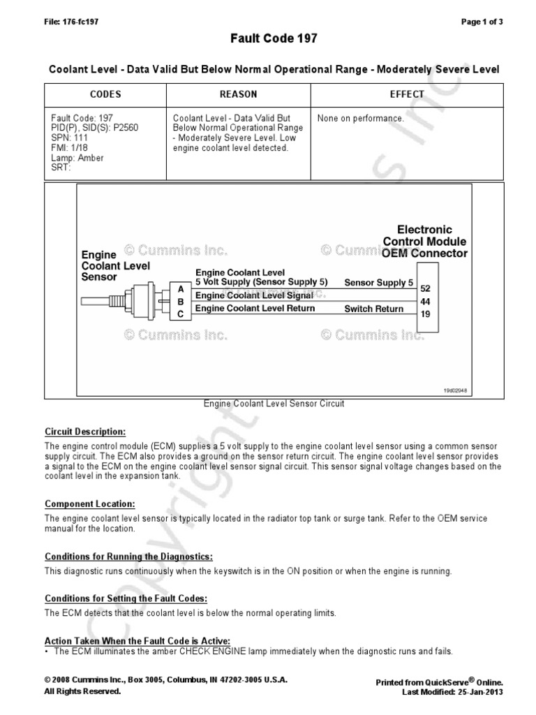 Fault Code 197 Coolant Level Data Valid But Below Normal Operational