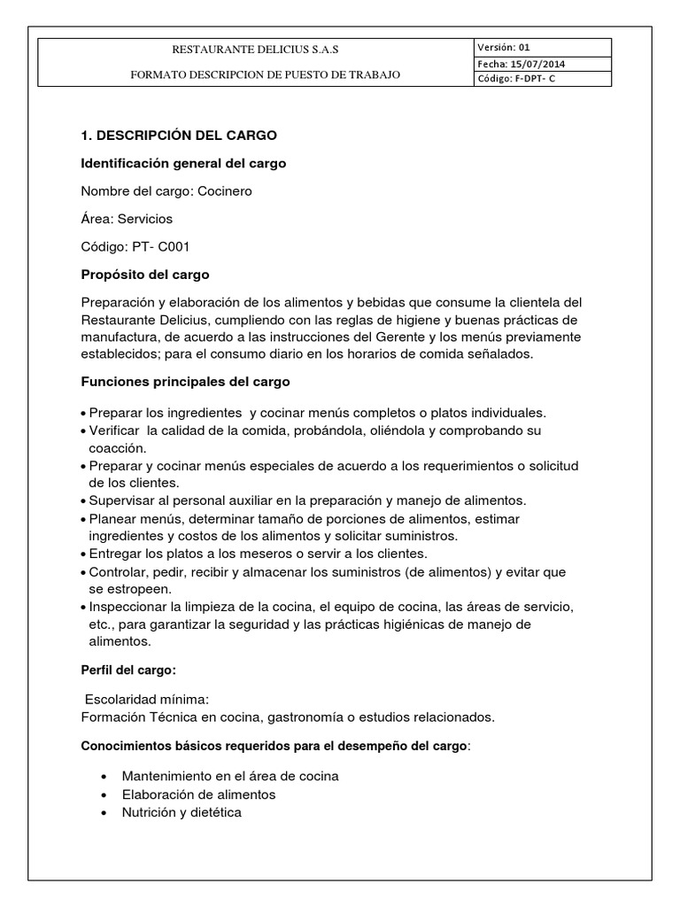 Descripción del Puesto: Cocinero | PDF | Artes culinarias | Cocina