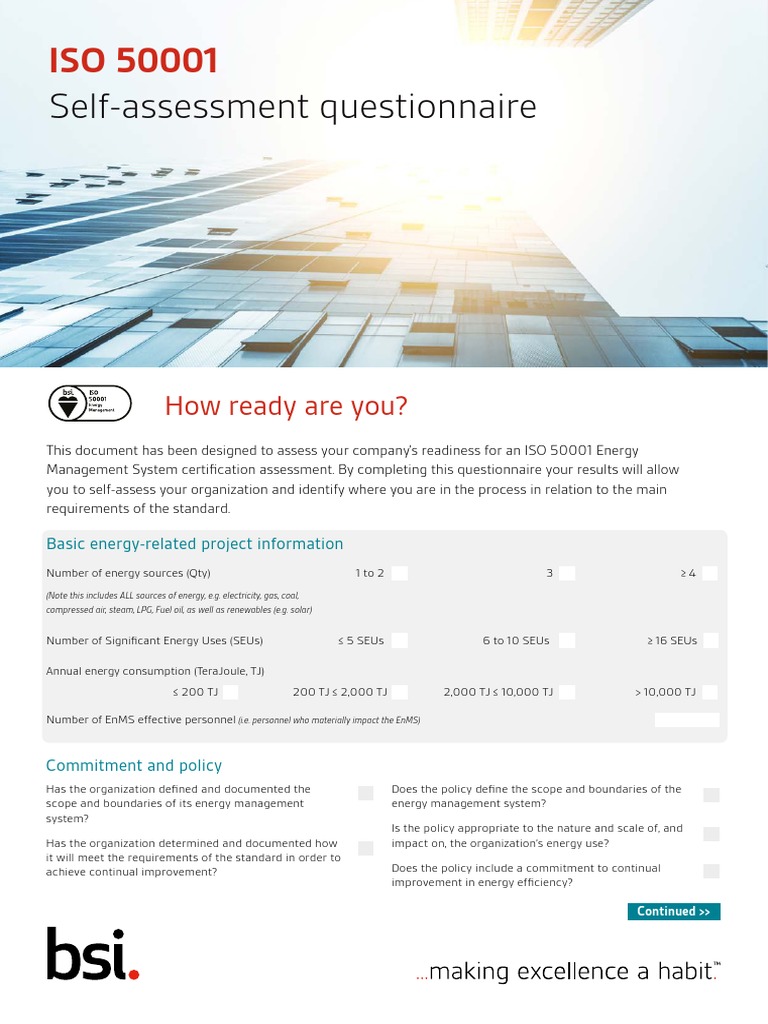 Iso 50001 Self Assessment Questionnaire  PDF Energy Management