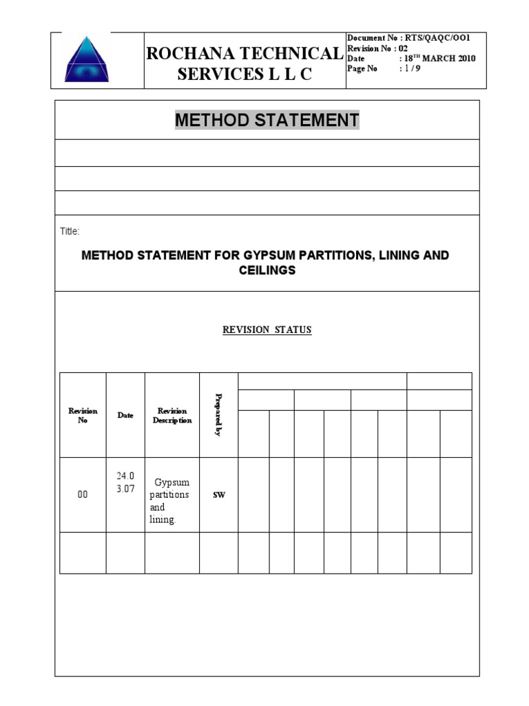 Gypsum Partition Installation Method Statement | PDF | Wall | Drywall