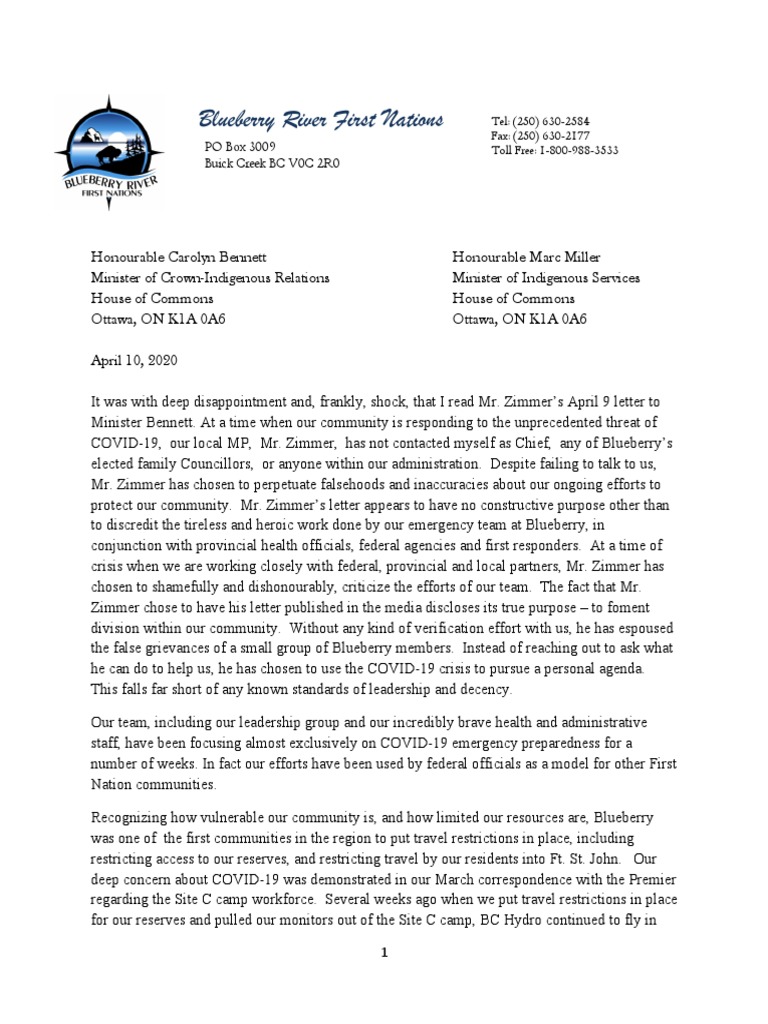 Blueberry River First Nation - Letter Re BRFN COVID Efforts, April 10 ...
