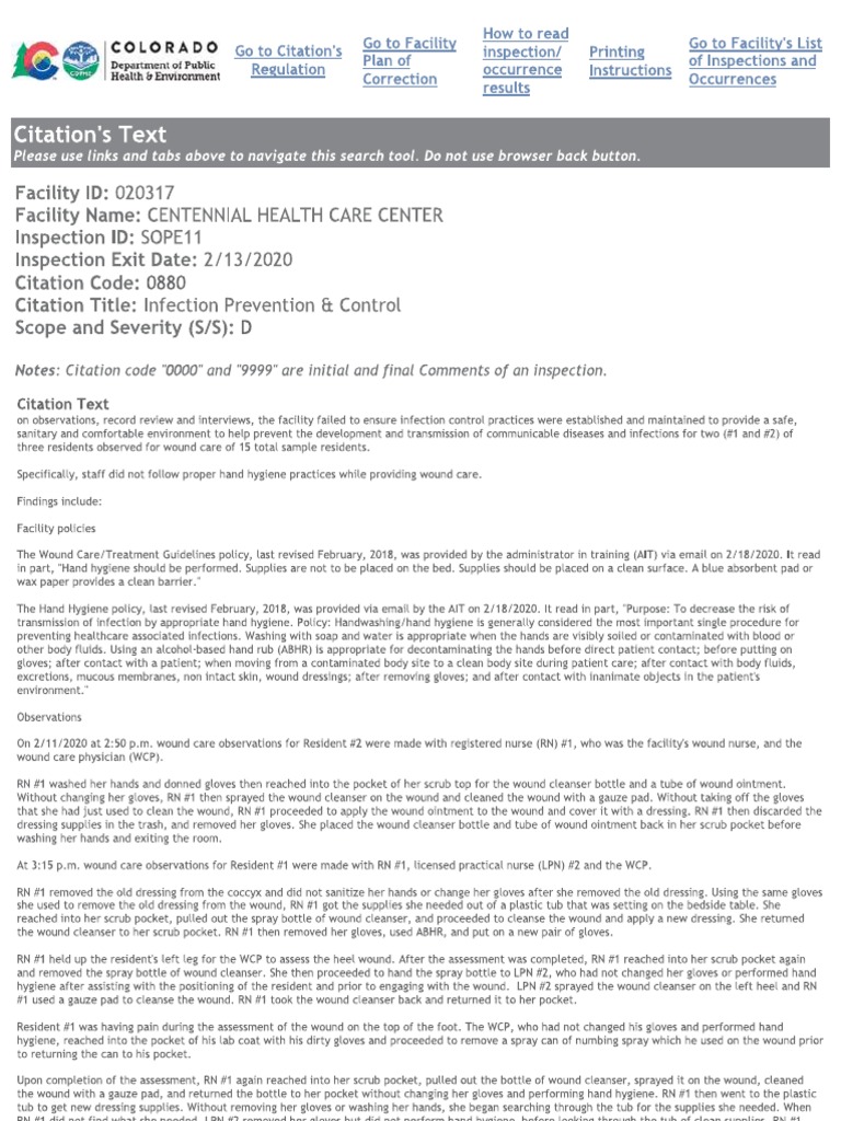 February Cdphe Centennial Healthcare Center Citation