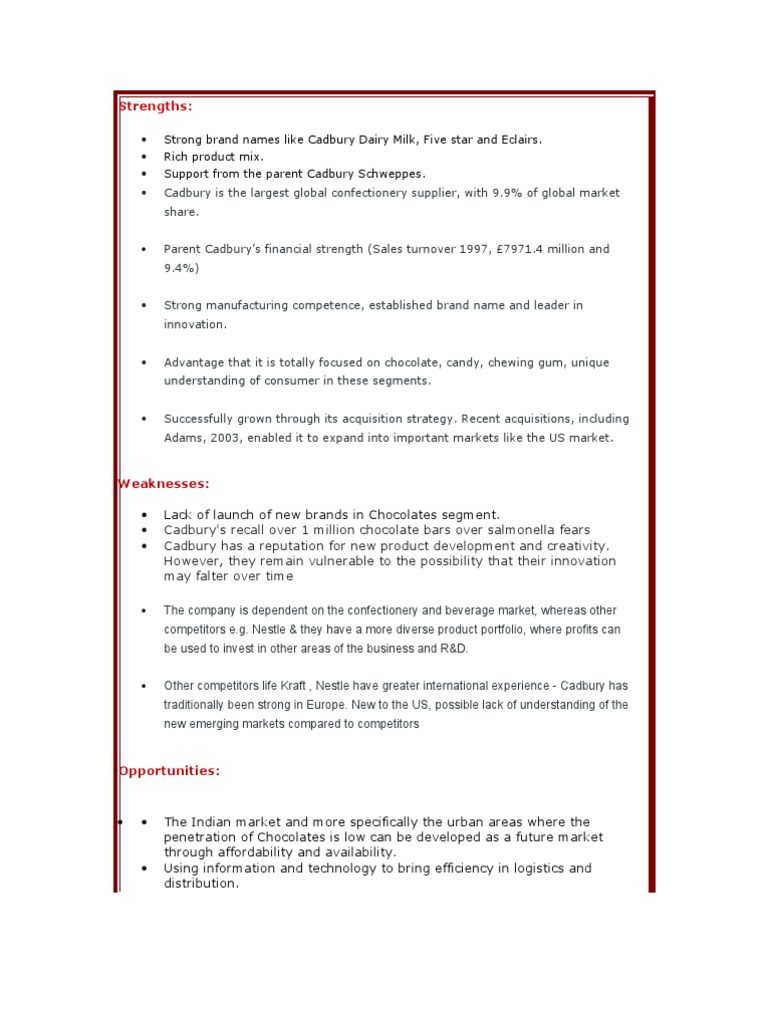 Cadbury SWOT Analysis Overview | PDF | Chocolate | Brand