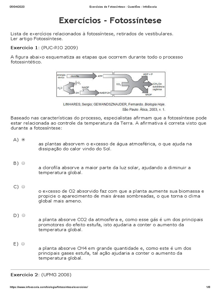 Exercícios sobre Fotossíntese | PDF | Fotossíntese | Dióxido de carbono