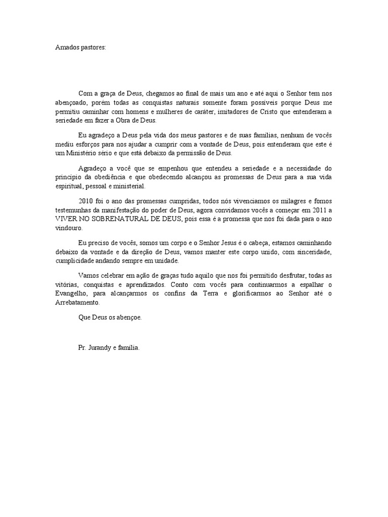 Carta de Agradecimento Pastores