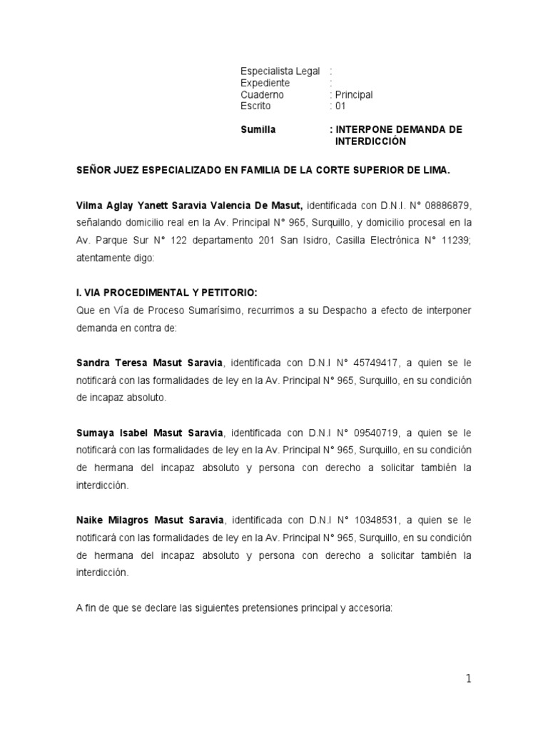 Demanda de Interdicción de Sandra Masut | PDF | Ley procesal | Gobierno