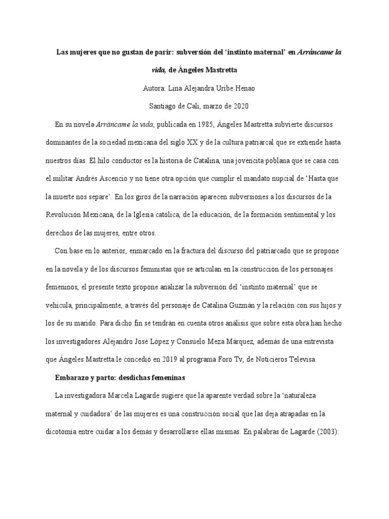 Arráncame La Vida Ángeles Mastretta Análisis Crítico PDF Patriarcado Feminismo