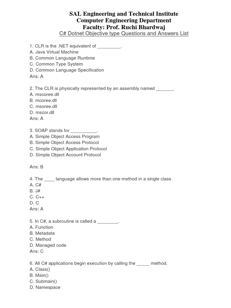 C# Dotnet Objective Q&A List | PDF | Method (Computer Programming ...