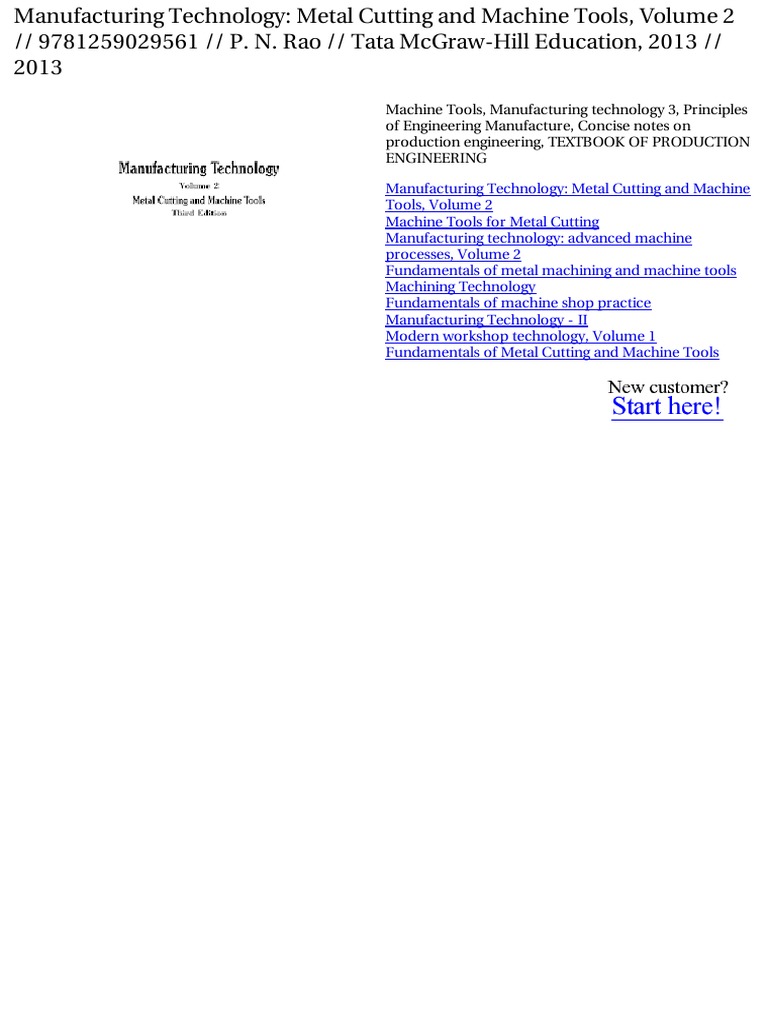 Manufacturing Technology Metal Cutting and Machine Tools Volume PDF