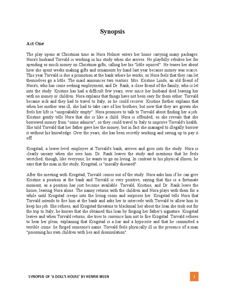 Synopsis 'A Doll's House by Henrik Ibsen PDF A Doll's House