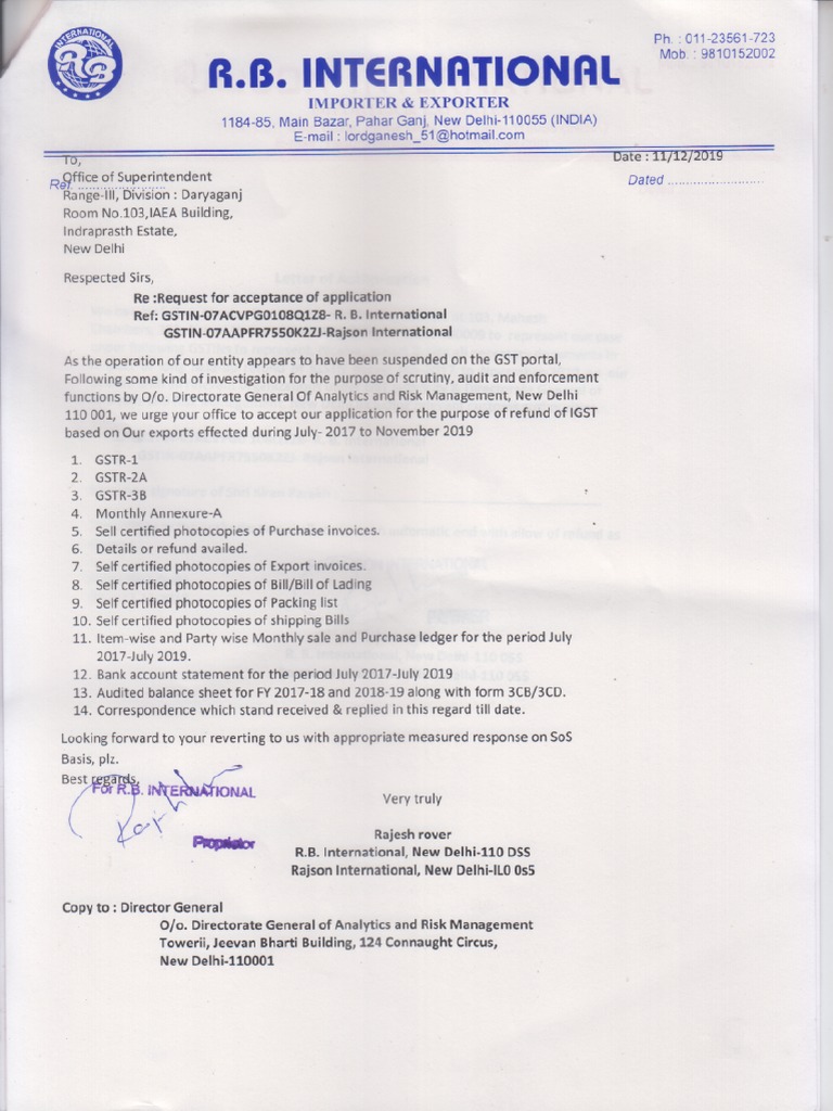 R. B. International Letter PDF | PDF