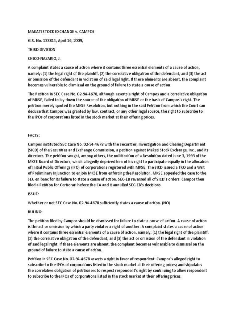 Makati Stock Exchange vs. Campos PDF Cause Of Action Complaint