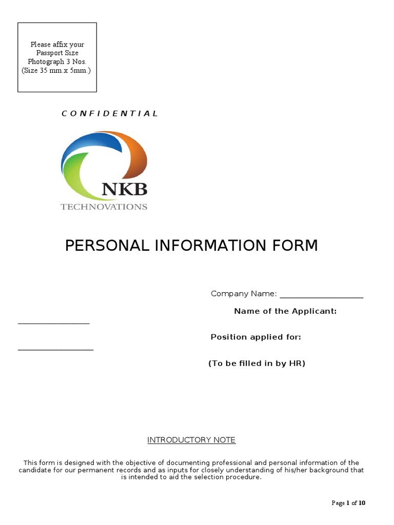 Candidate Personal Information Form | PDF | Identity Document | Business