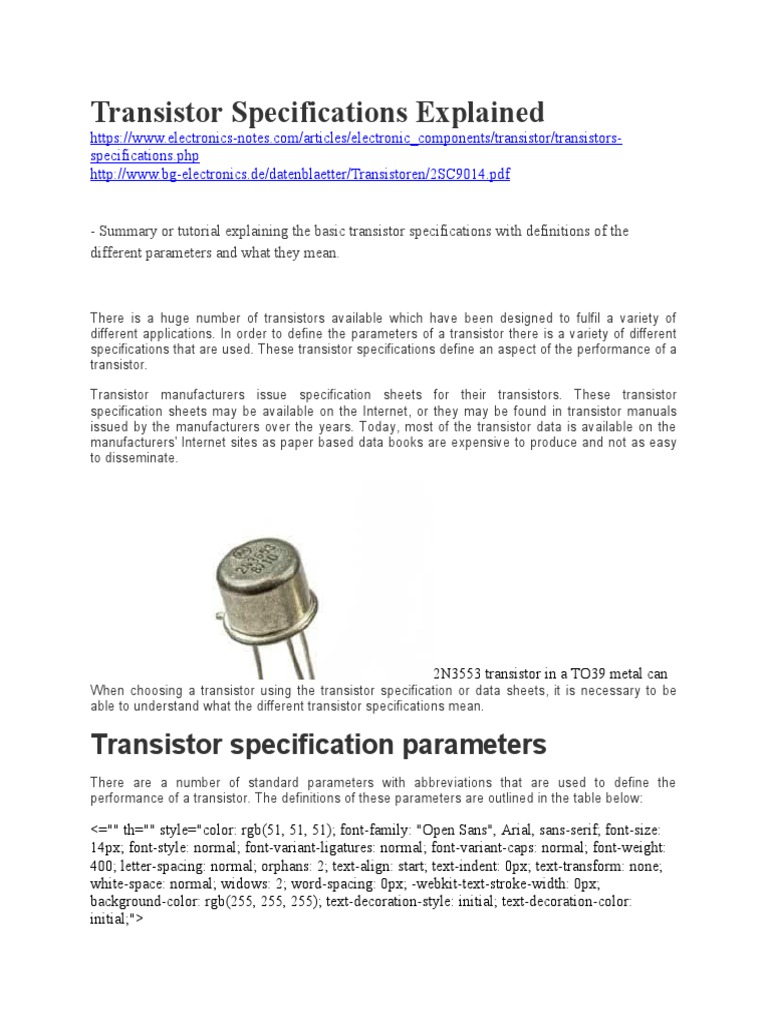 Transistor Specifications Explained PDF Bipolar Junction Transistor Transistor
