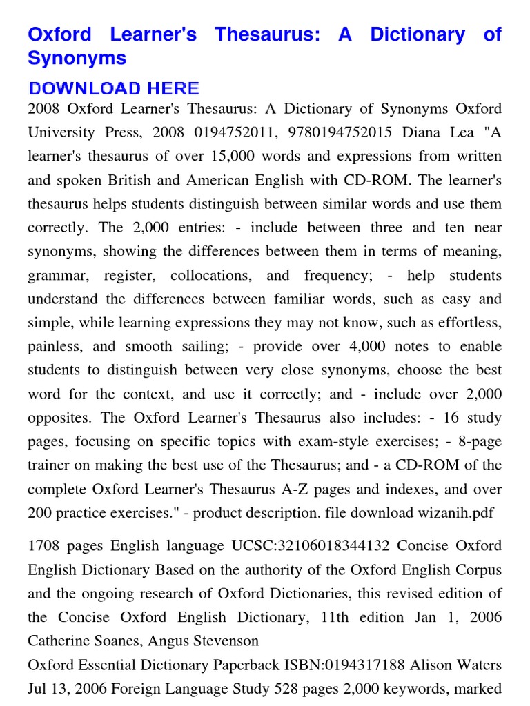 Oxford Learner's Thesaurus A Dictionary of Synonyms PDF Dictionary