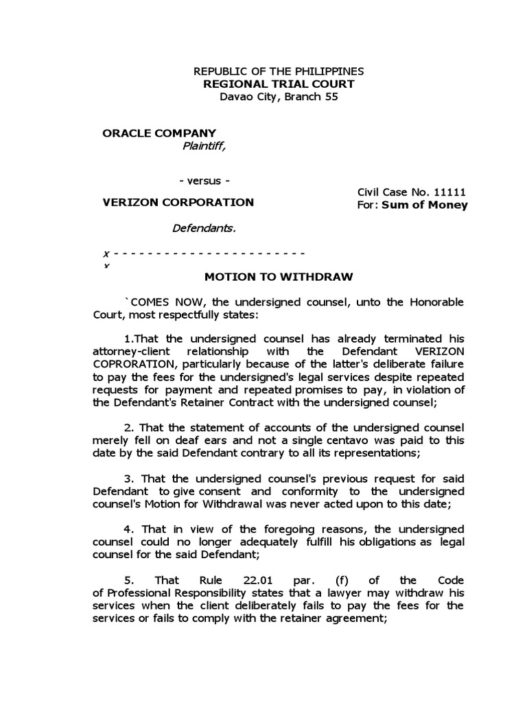 Motion To Withdraw PDF Lawyer Lawsuit