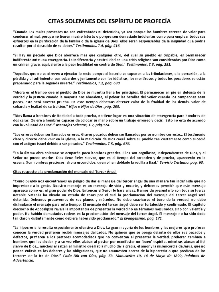 Citas Solemnes Del Espíritu de Profecía PDF Pecado Valores