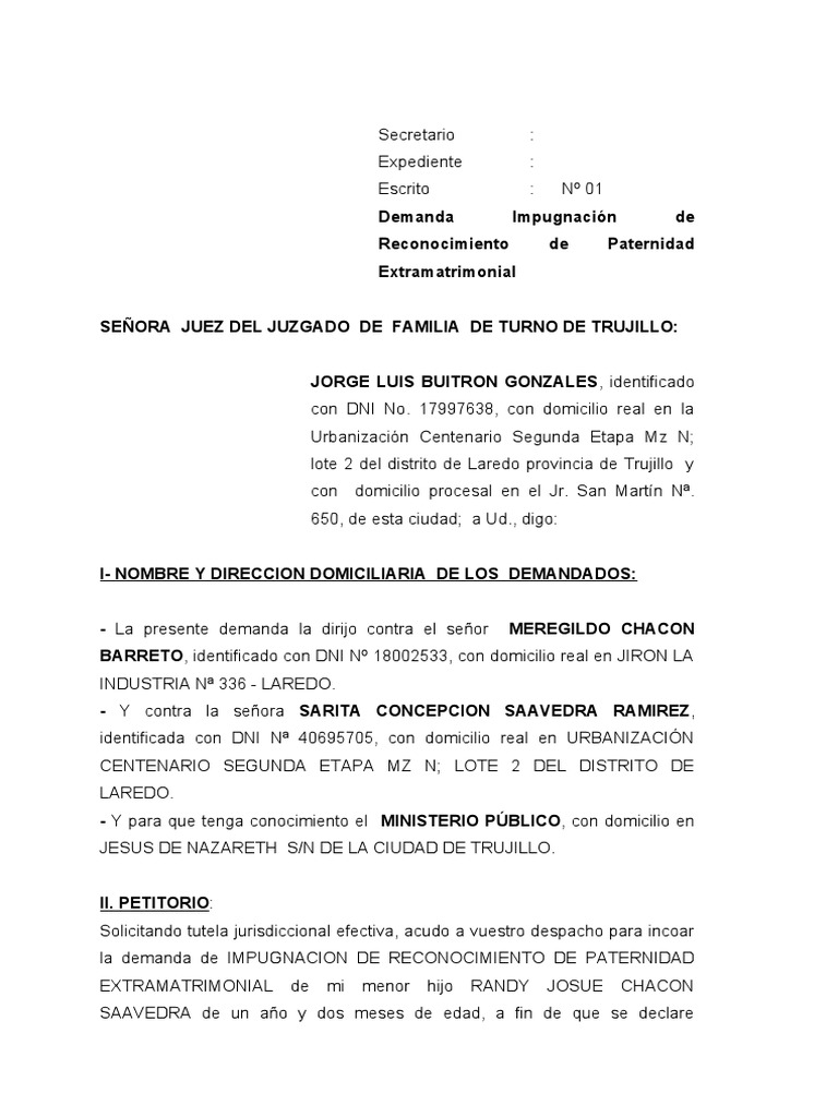 Dda de Impugnacion de Paternidad DOS | PDF | Demanda judicial | Debido al  proceso