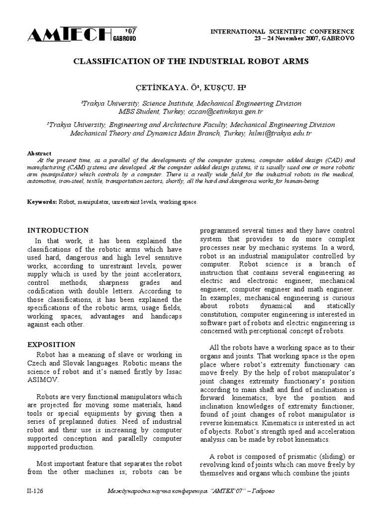 Classification of Industrial Robot Arms | PDF | Robot | Robotics