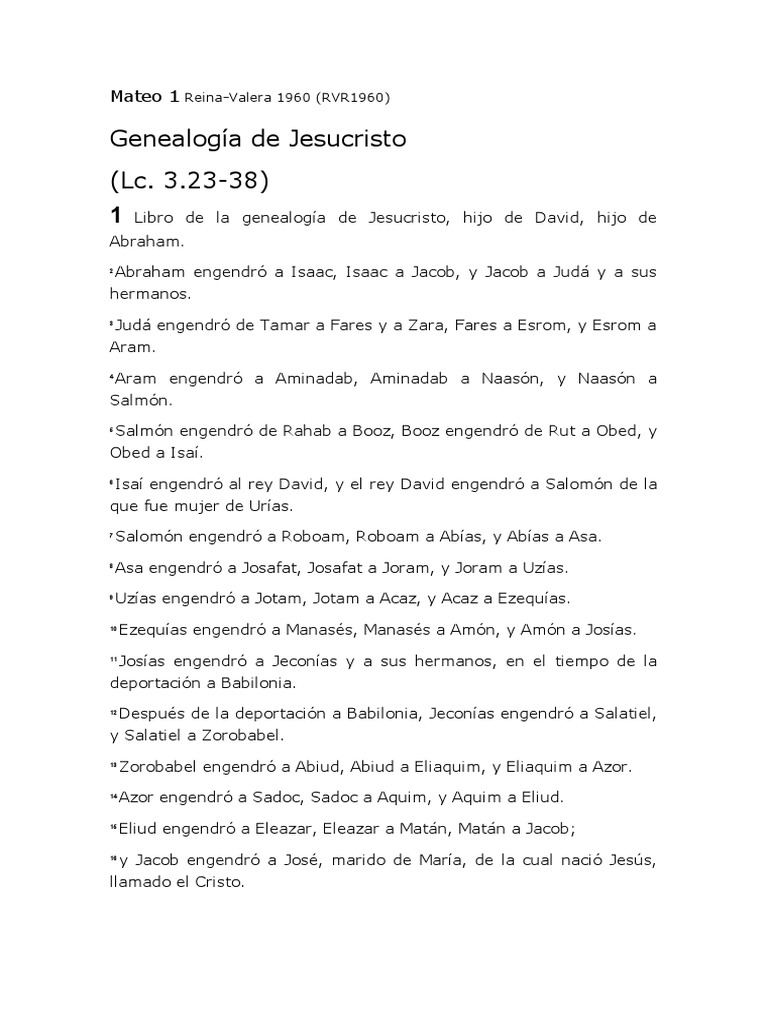 Mateo 1 Genealogía De Jesucristo Pdf María Madre De Jesús ángel