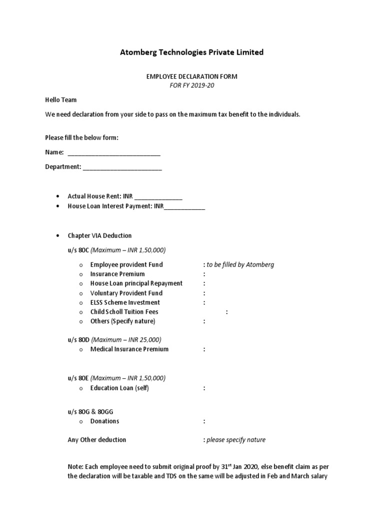 Employee Tax Declaration Form FY 2019-20 | PDF