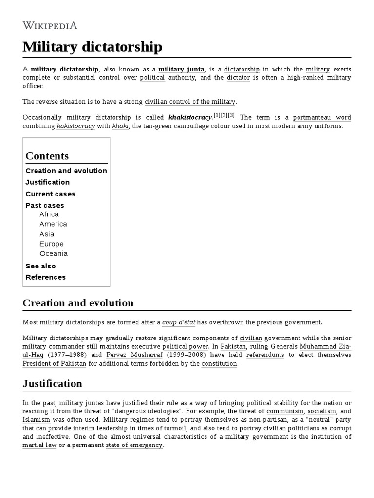 Military Dictatorship Creation and Evolution Justification Current