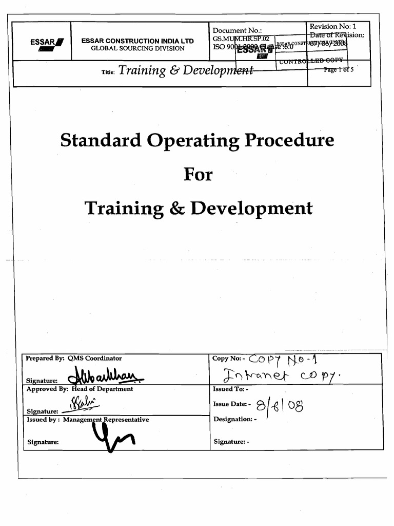 Training & Development SOP for ESSAR | PDF | Psychological Concepts ...