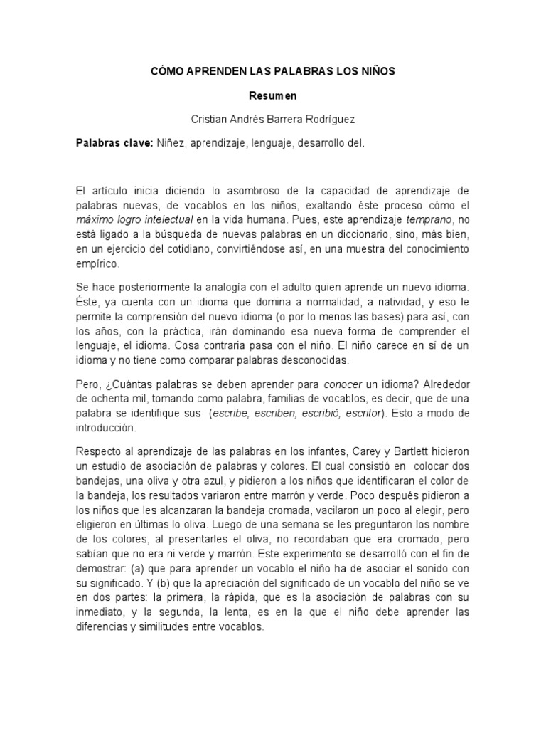 Cómo Aprenden Las Palabras Los Niños Pdf Aquisición De Idioma