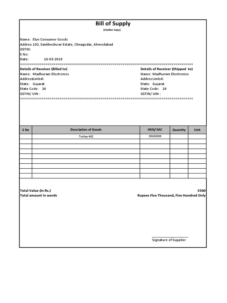 Bill of Supply Sno Quantity Unit HSN/ Sac Description of Goods PDF