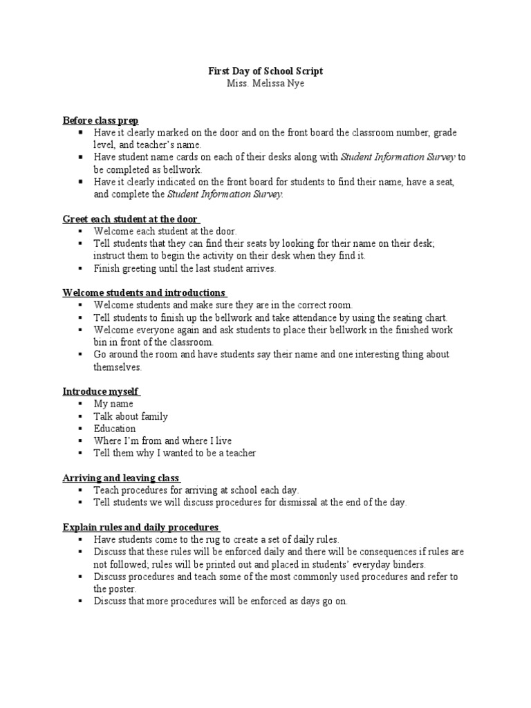 First Day of School Script Guide | PDF | Classroom | Teachers
