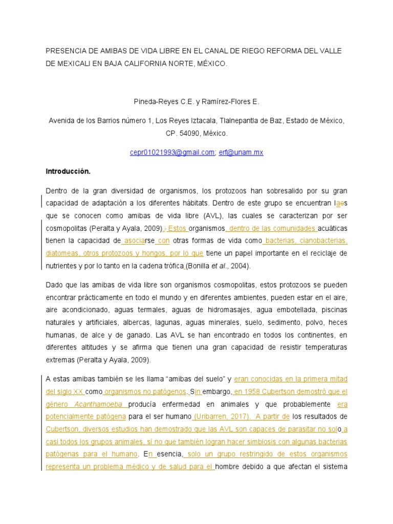 Presencia De Amibas De Vida Libre En Canales De Riego Del Valle De