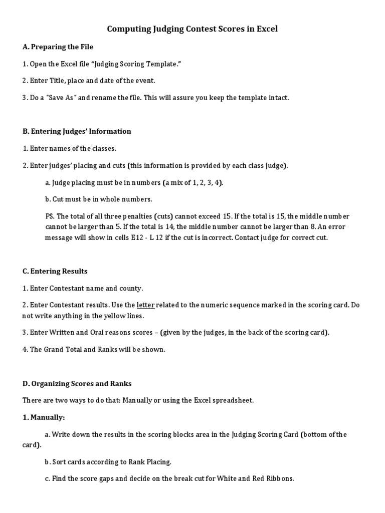 Instructions Computing Judging Scores in Excel PDF PDF Spreadsheet Microsoft Excel
