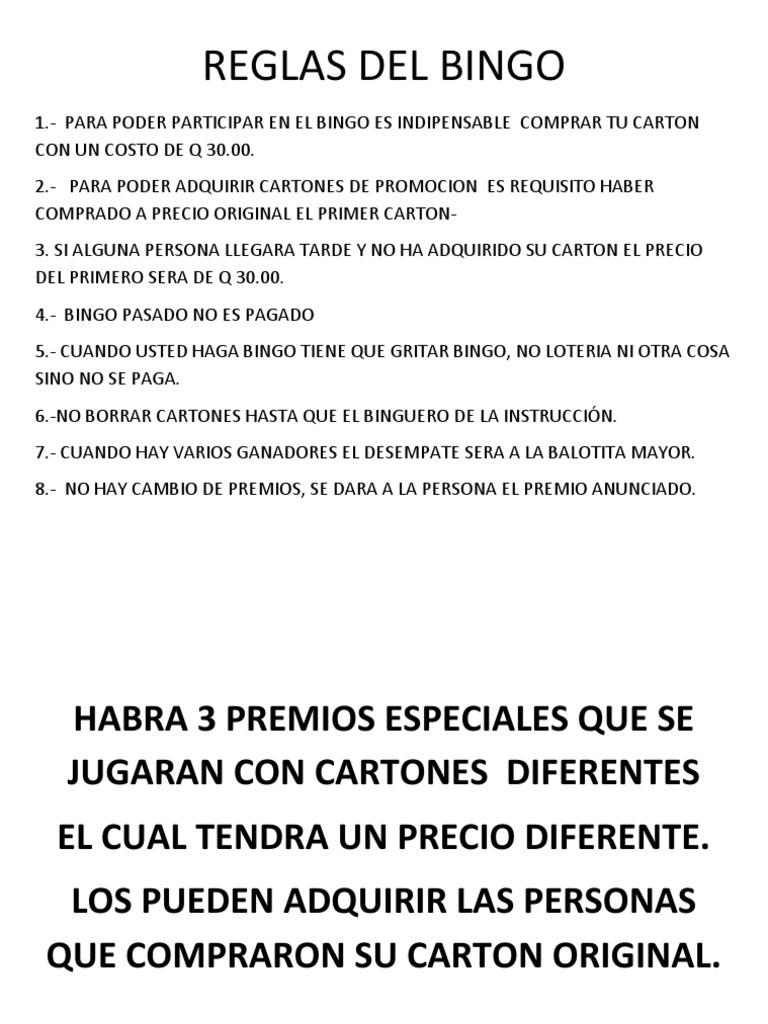 Reglas de Bingo en Español