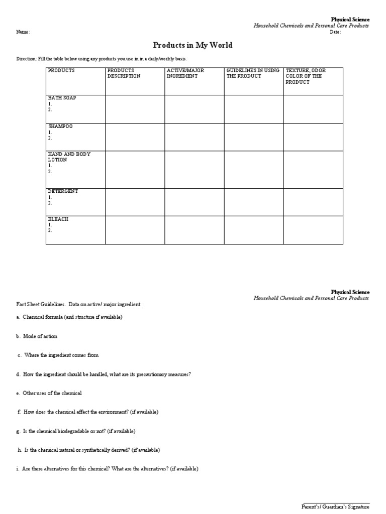 Products in My World Household Chemicals and Personal Care Products PDF