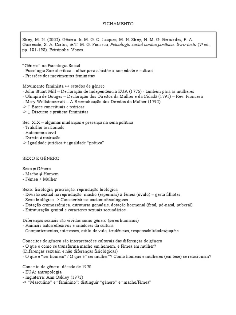 Fichamento - Gênero (Marlene Strey, Psicologia Social Contemporanea  Livro-Texto) | PDF | Ciências Sociais, image size:768x1024