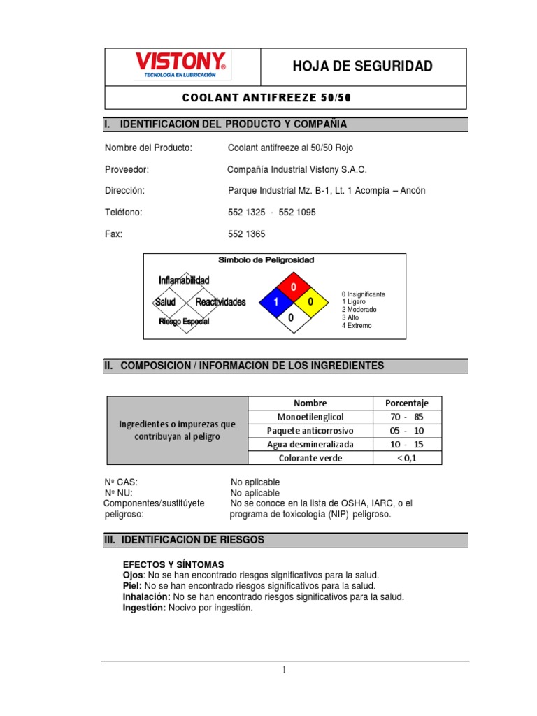 MSDS Coolant Antifreeze 50 Rojo PDF Residuos Contaminación