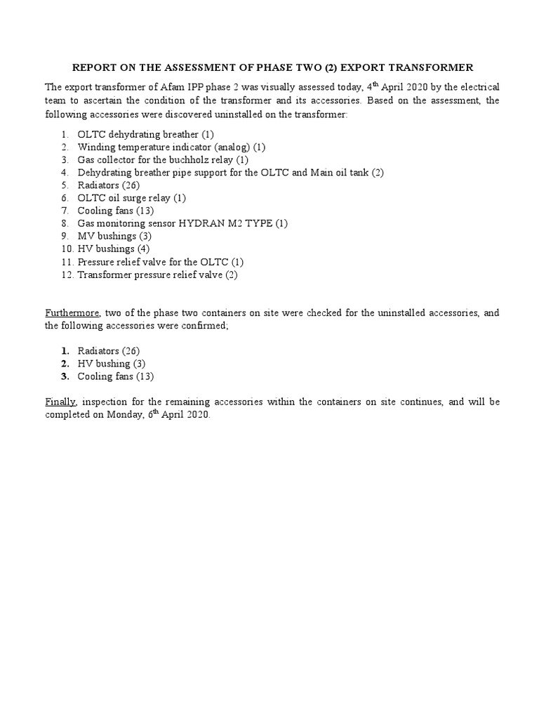 Report On The Assessment of The Phase Two Export Transformer | PDF ...