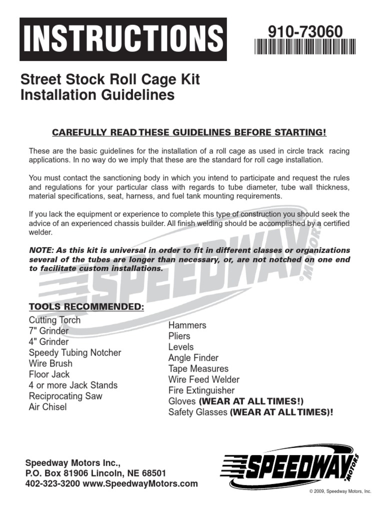 Instructions Street Stock Roll Cage Kit Installation Guidelines PDF
